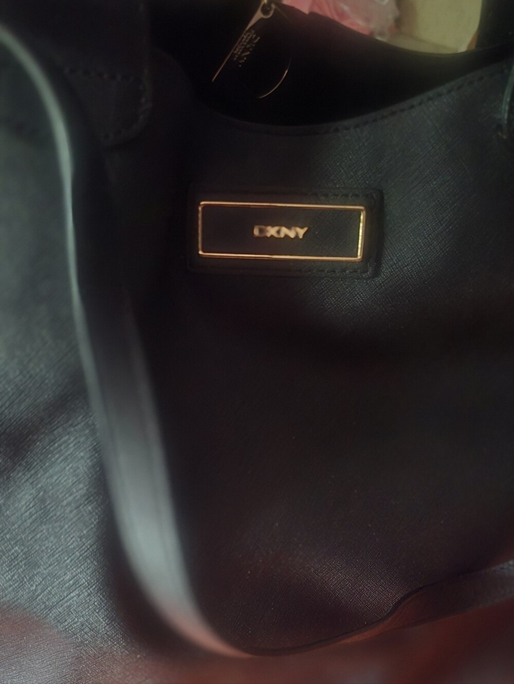 DKNY Large Black Leather Tote with Gold Plaque